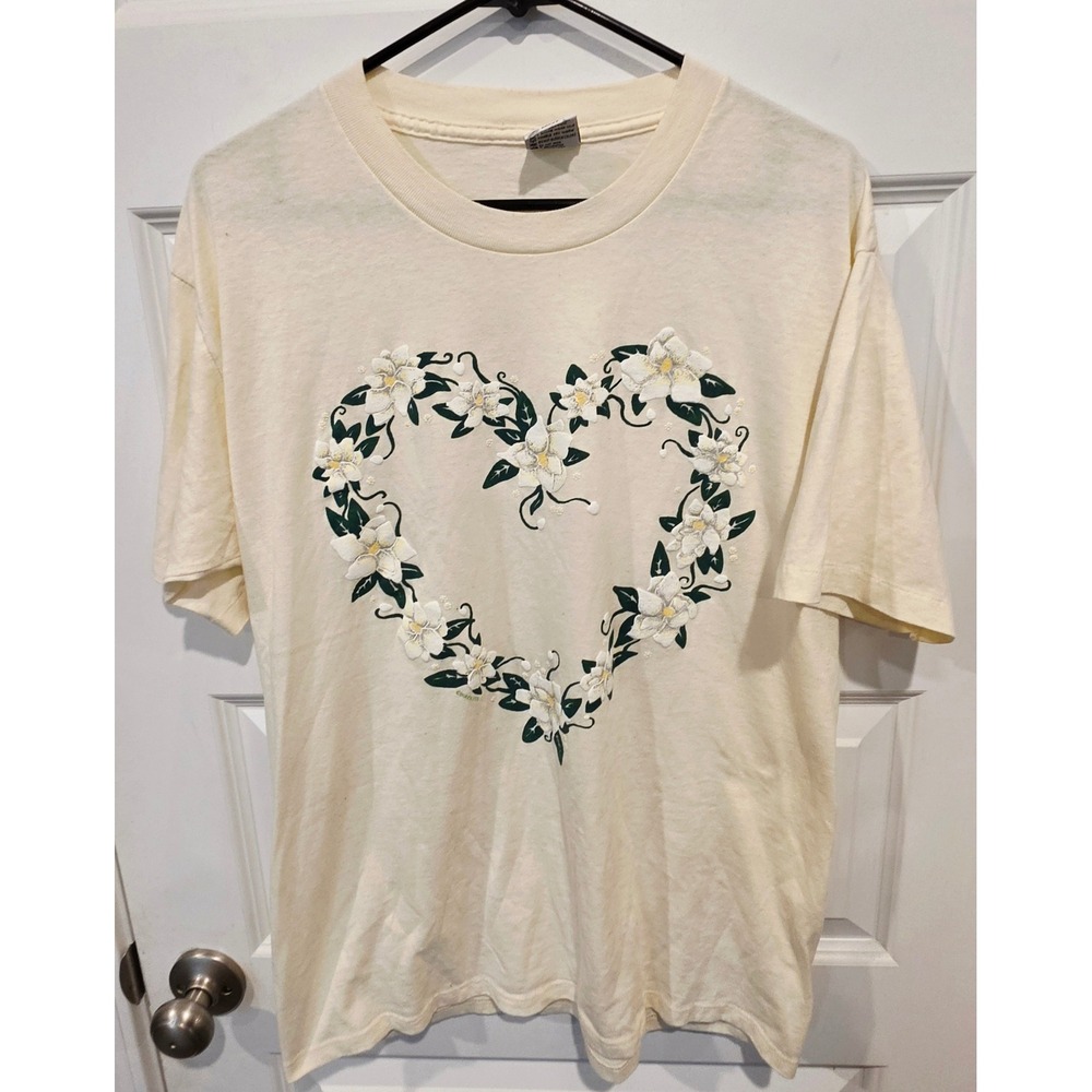 Cal Cru T-Shirt Unisex Large Cream Cotton Vintage Birdlegs Floral Heart Tee